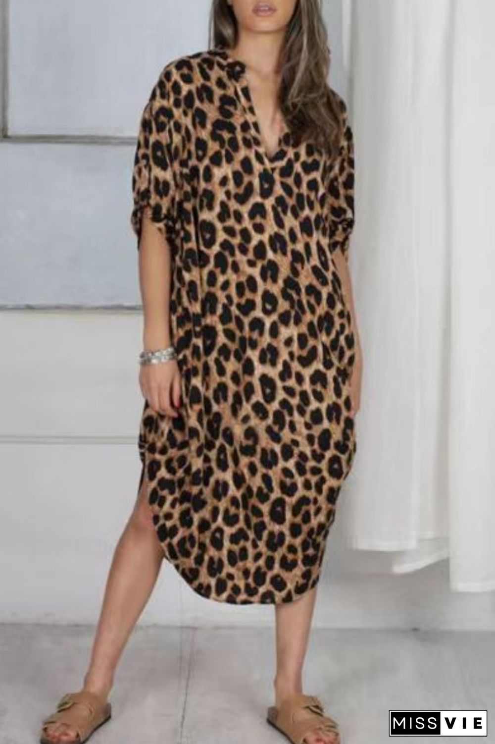 Camel Casual Print Leopard Patchwork V Neck Printed Dress Dresses