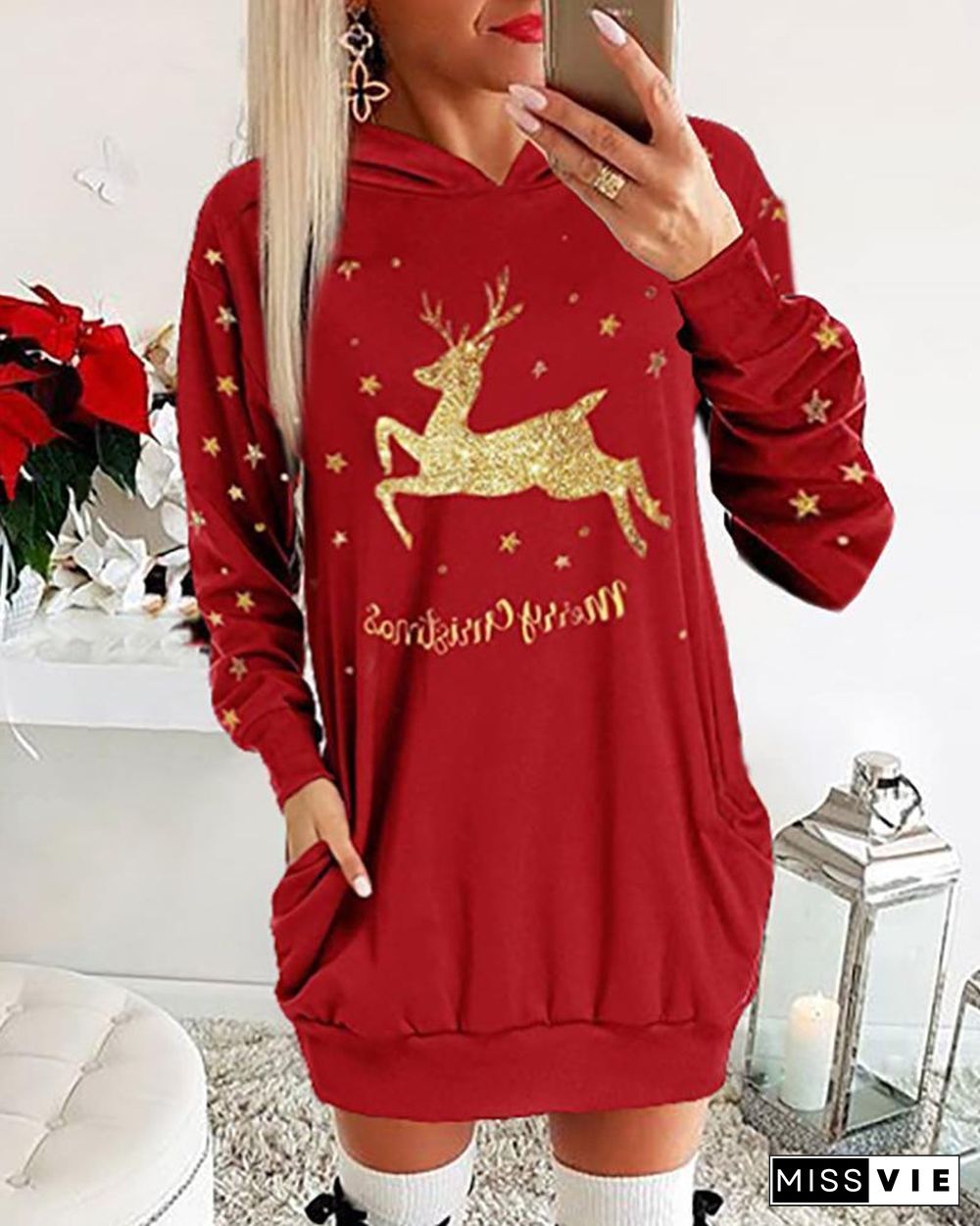 Christmas Moose Letter Print Dress P10811