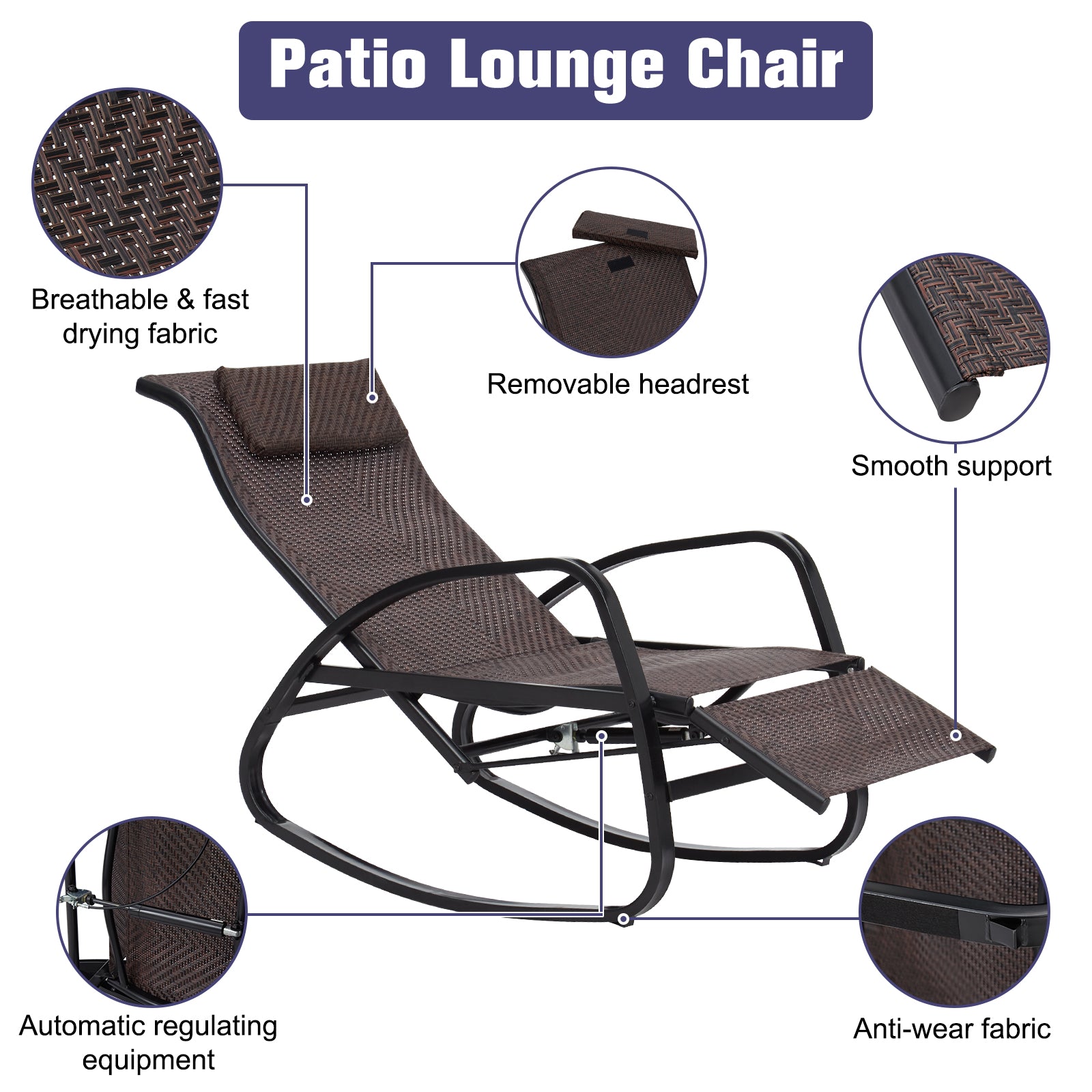 Kinbor Rocking Chairs Outdoor Recliner - Auto Adjustable Chairs with Removable Headrest & Side Pocket, Brown