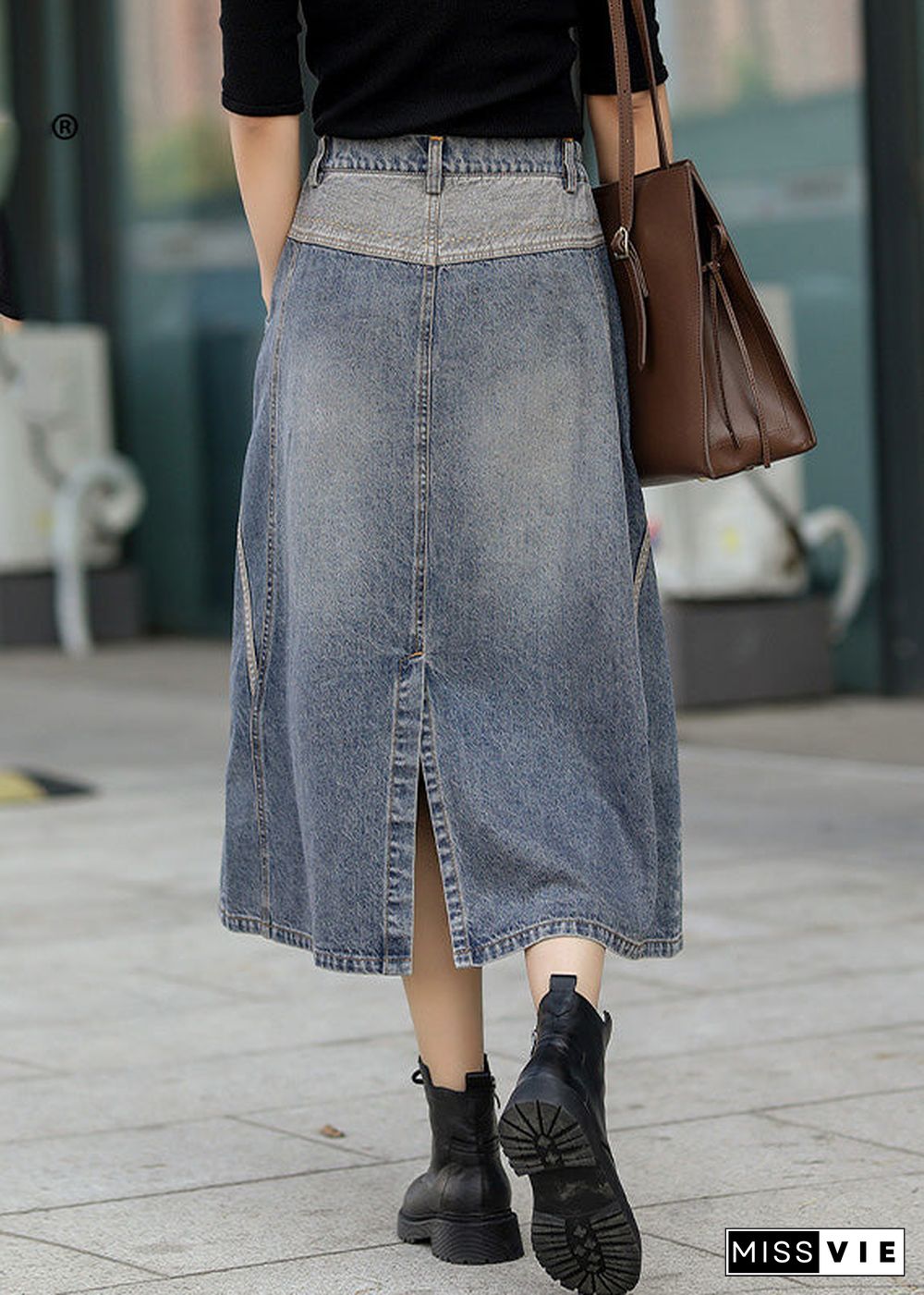 Classy Denim Blue Patchwork Elastic Waist A Line Skirt