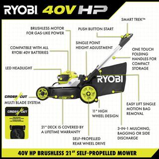 RYOBI 40-Volt HP Brushless 21 in. Cordless Battery Walk Behind Dual-Blade Self-Propelled Mower (Tool Only) RY401015BTL