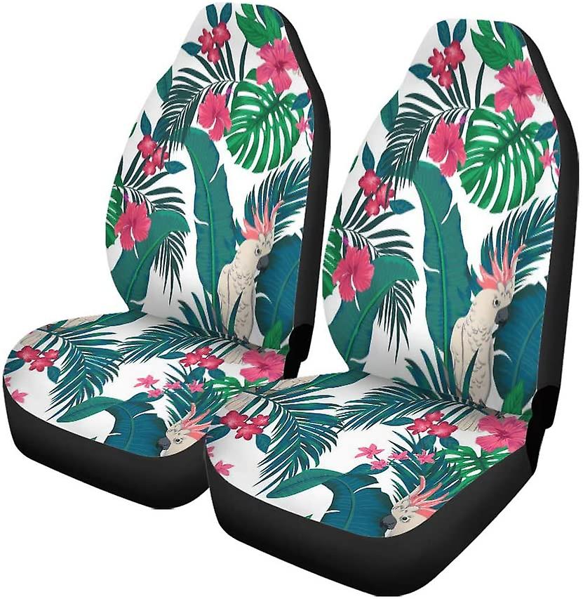 Set Of 2 Car Seat Covers Bright Vibrant Multicolor Tropical Pattern Cockatoo Parrot Banana Leaves Universal Auto Front Seats Protector Fits