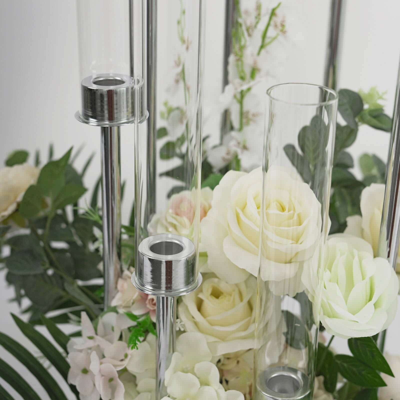 Silver 8 Arm Cluster Taper Candle Holder With Clear Glass Shades, Large Candle Arrangement 42