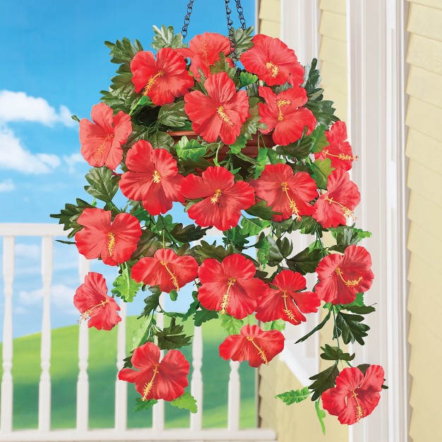 Collections Etc Hanging Artificial Tropical Hibiscus Bush Basket Set