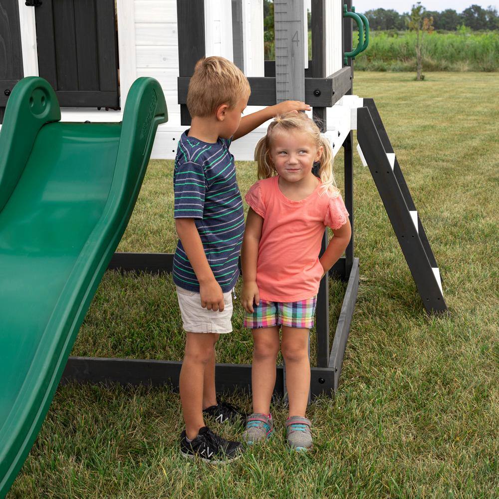 Backyard Discovery Sweetwater Heights Indoor Outdoor All Cedar Wooden White Elevated Playhouse with Clubhouse Ladder and Slide 2303027COM