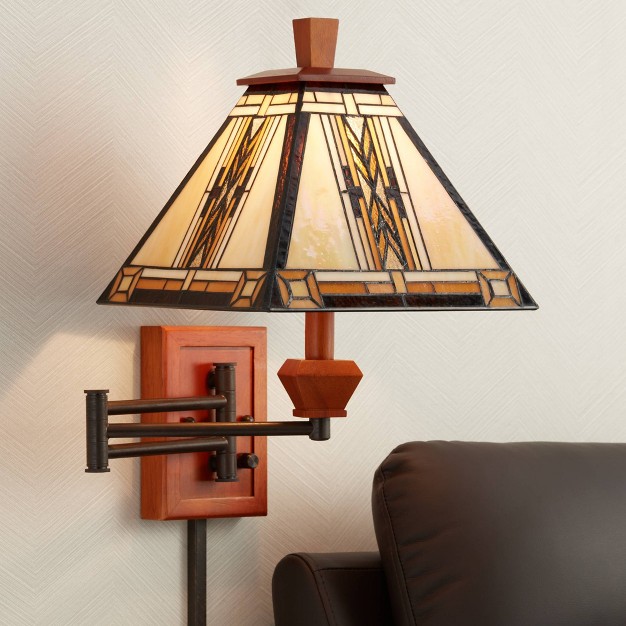 Robert Louis  Rustic Swing Arm Wall Lamp Walnut Wood Bronze Plug in Light Fixture Adjustable Stained Glass Shade For Bedroom Bedside Reading