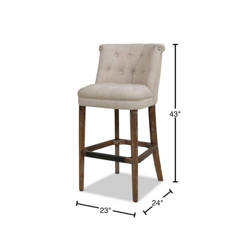 Jennifer Taylor Emma 43 in. Greige Gray Linen Tufted Rubber Wood 31 in. Bar Stool with Linen Seat 81170-MLG