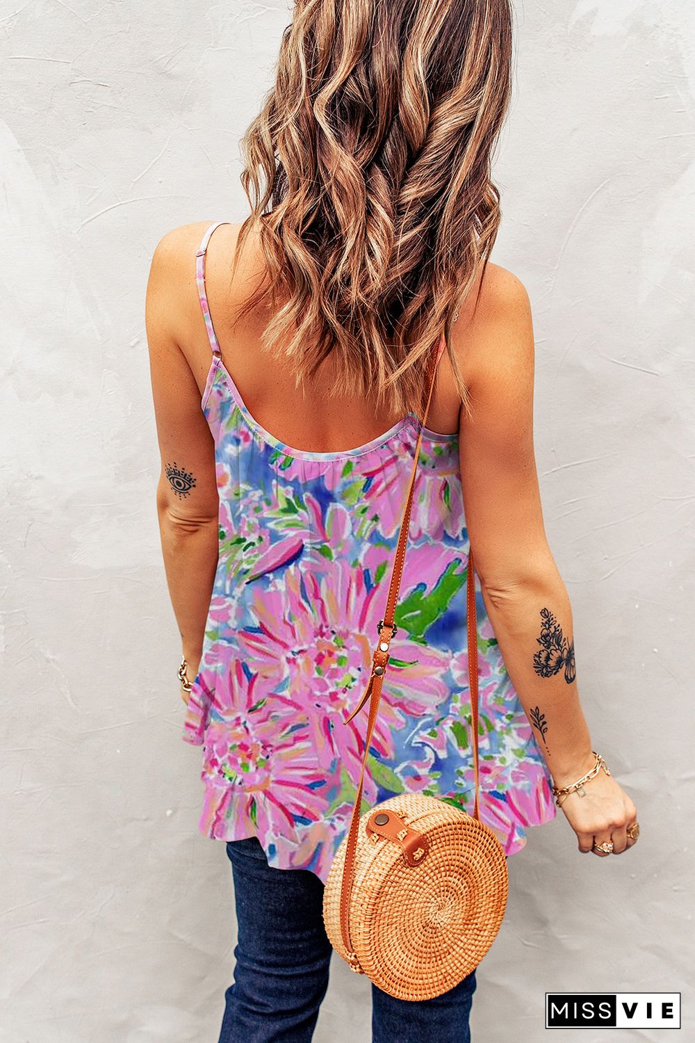 Pink Abstract Floral Print Loose Fit Spaghetti Strap Tank Top