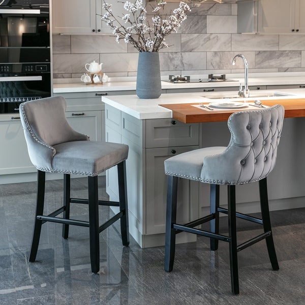 Upholstered Barstools with Button Tufted Decoration and Wooden Legs