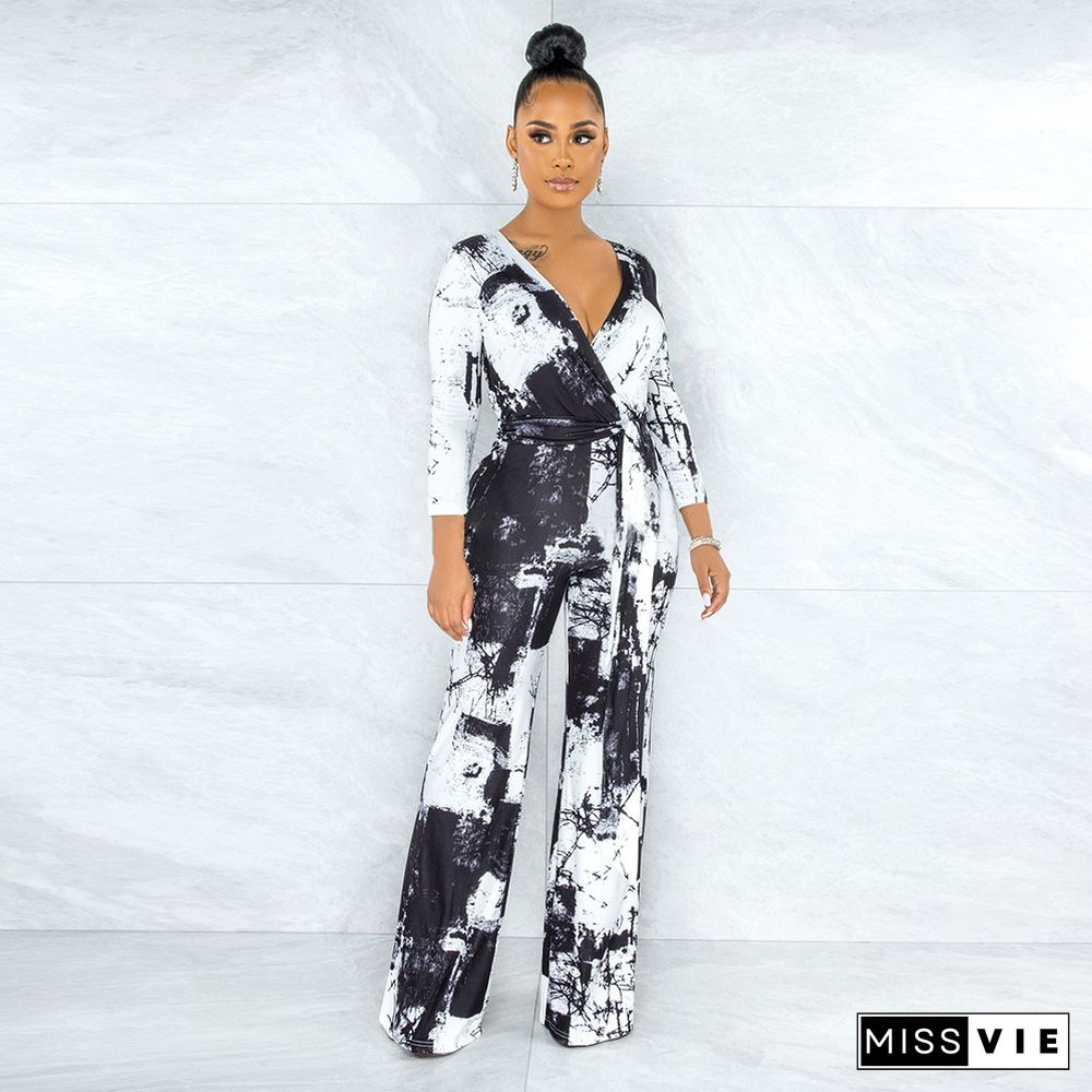 Black And White Inkjet Sputtering Element Printed Loose Jumpsuit