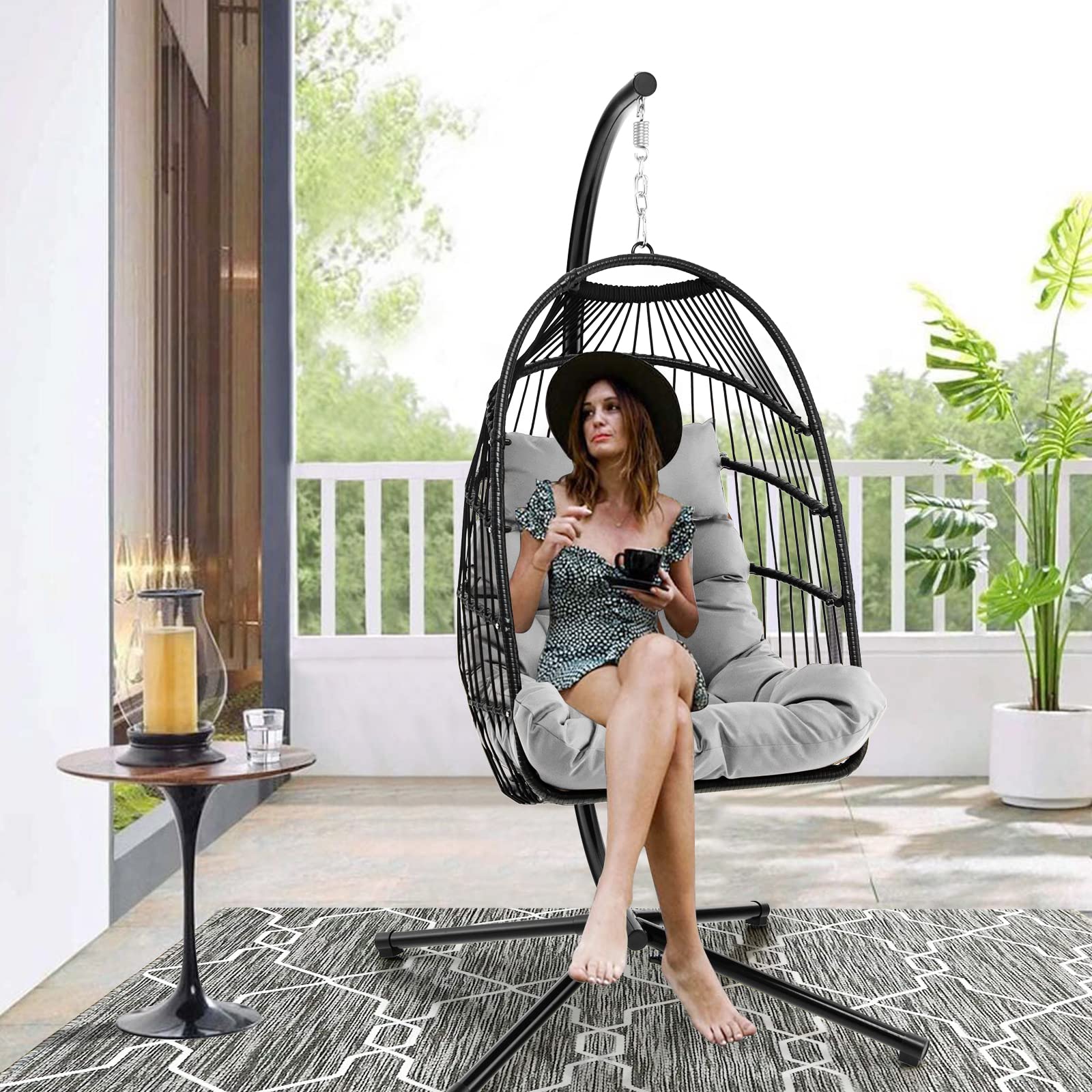 Giantex Egg Chair with Stand, Hanging Basket Chair Hammock Chair w/ Steel Stand Pillow Seat Cushion Rattan Basket & Dust Cover