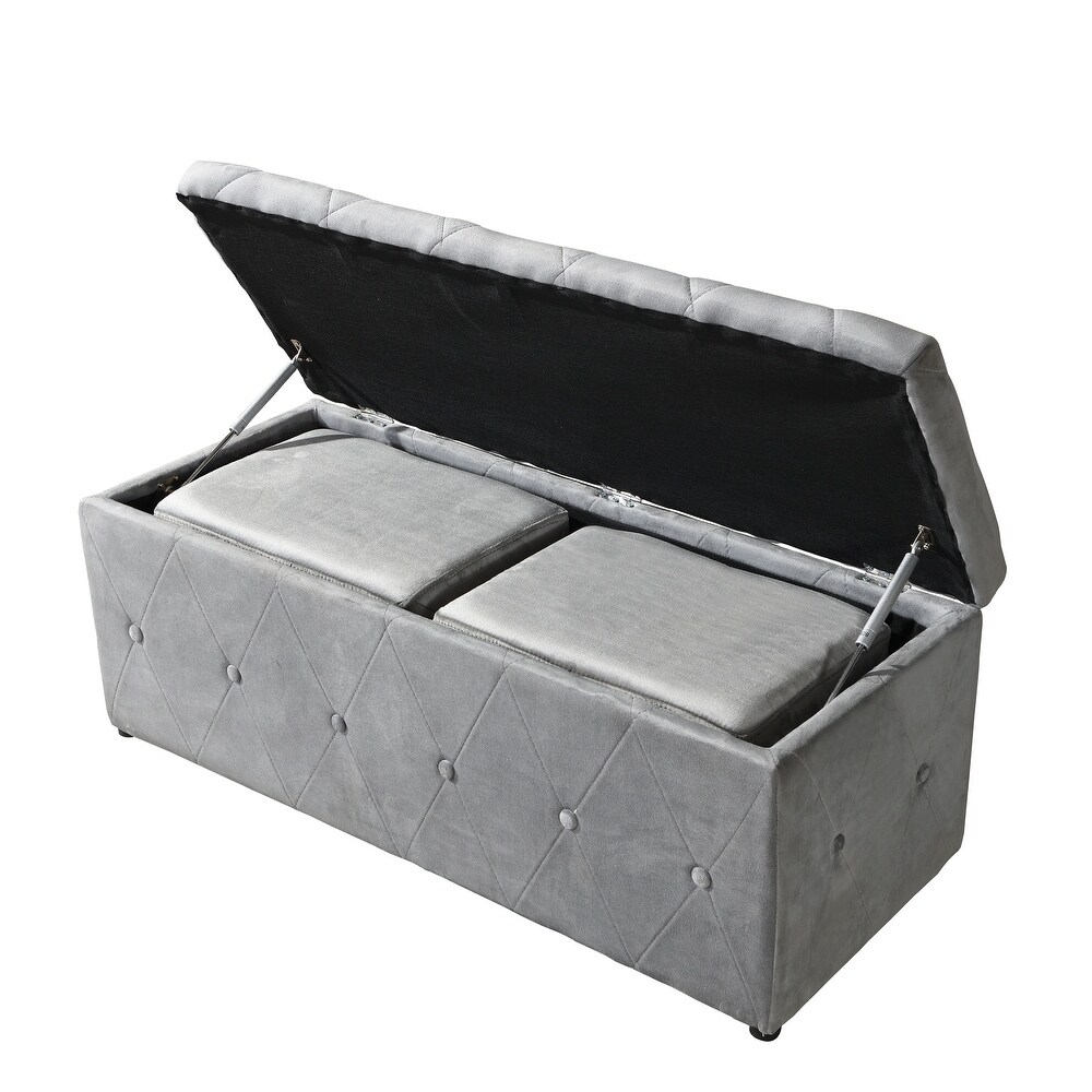 Foot Stool velvet Entryway Upholstered Bench w/ Padded Standard Ottoman   2 Set Ottomans Storage Bench  Light Gray Velvet