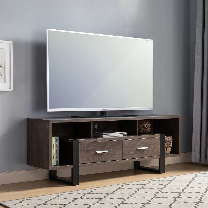 FC Design Walnut Oak and Black TV Stand with 2 Drawers and 5 Shelves