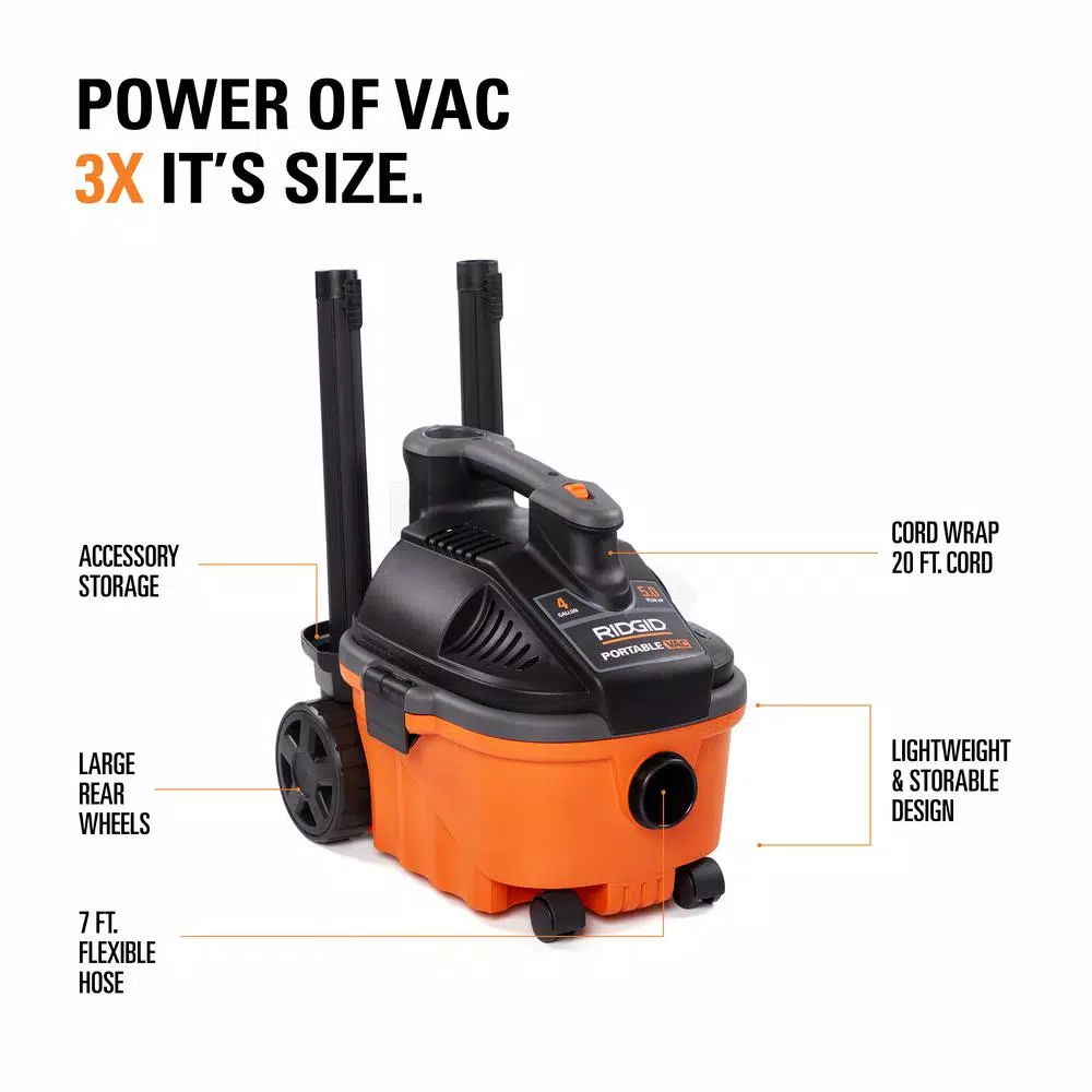 RIDGID 4 Gal. 5.0-Peak HP Portable Wet/Dry Shop Vacuum with Filter， Dust Bags， Hose and Accessories and#8211; XDC Depot