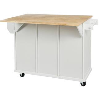 Runesay White Rubber Wood 53 in. W Kitchen Island Cart with Drop-Leaf Countertop and Cabinet Door Internal Storage Racks KIW-231