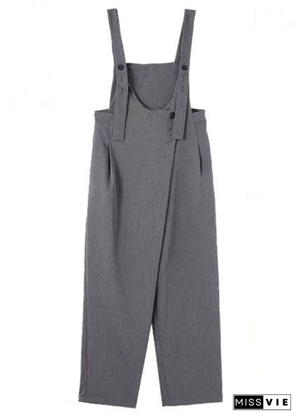 Chic Grey Pockets High Waist Patchwork Cotton Jumpsuits Fall