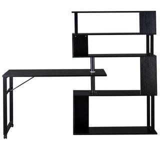 Polibi 47.20 in. Retangular Black Rotatable L-Shaped Corner Home Office Computer Desk with 5-Tier Bookshelf and Casters RS-472RRLCD-BK