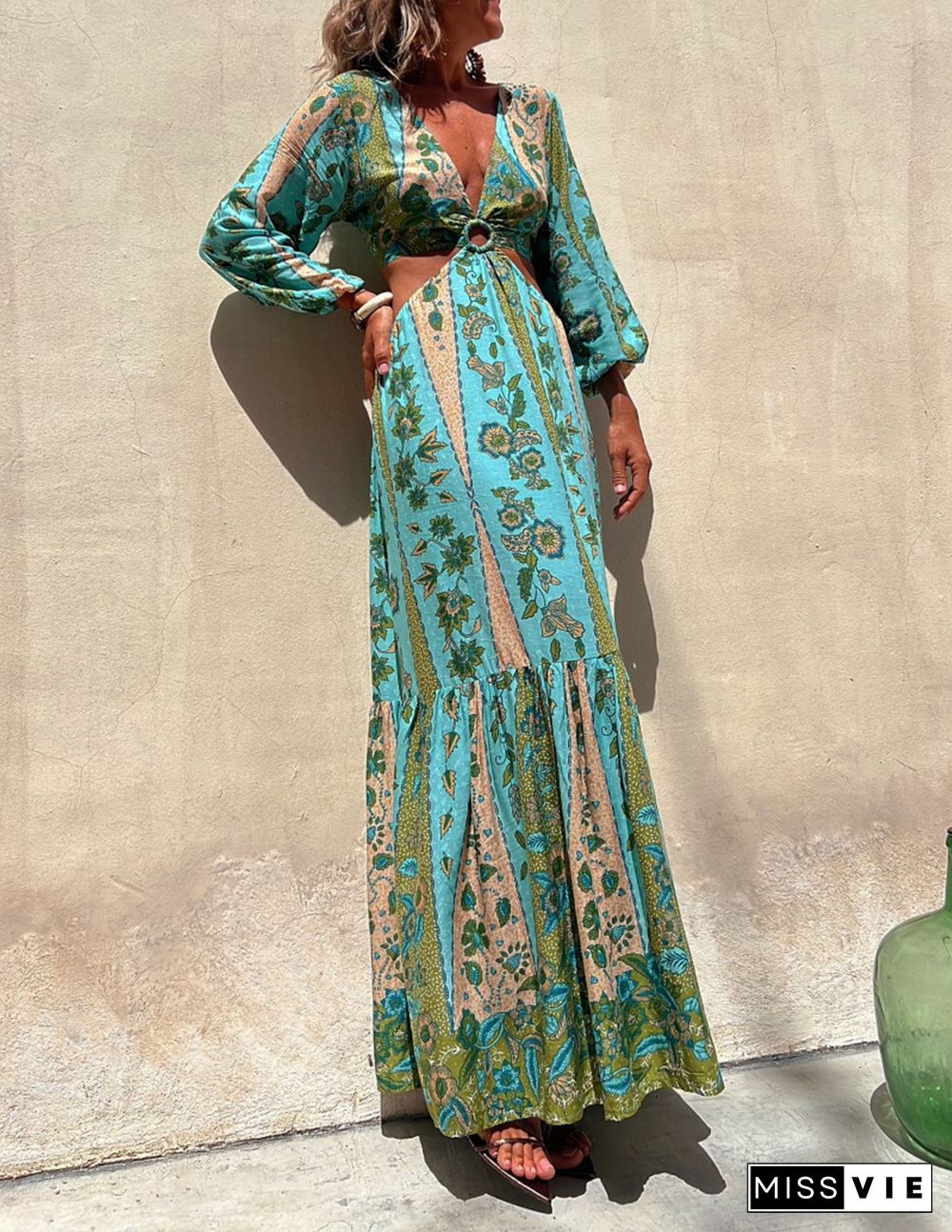 Surprised By You Printed Side Cutout Elastic Waist Maxi Dress