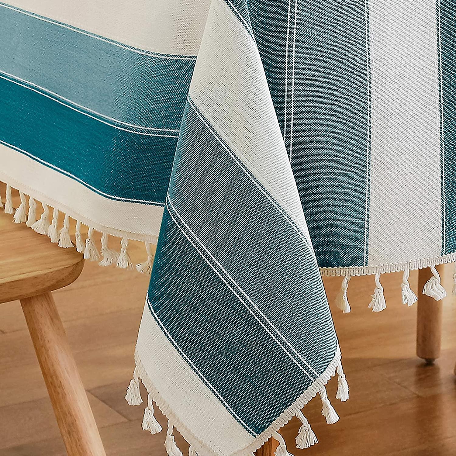 Striped Tassel Tablecloth Stitching Rectangle Table Cloth Cotton Linen Fabric Table Cover For Kitchen Dinning Tabletop 54 X 102 Inch Teal