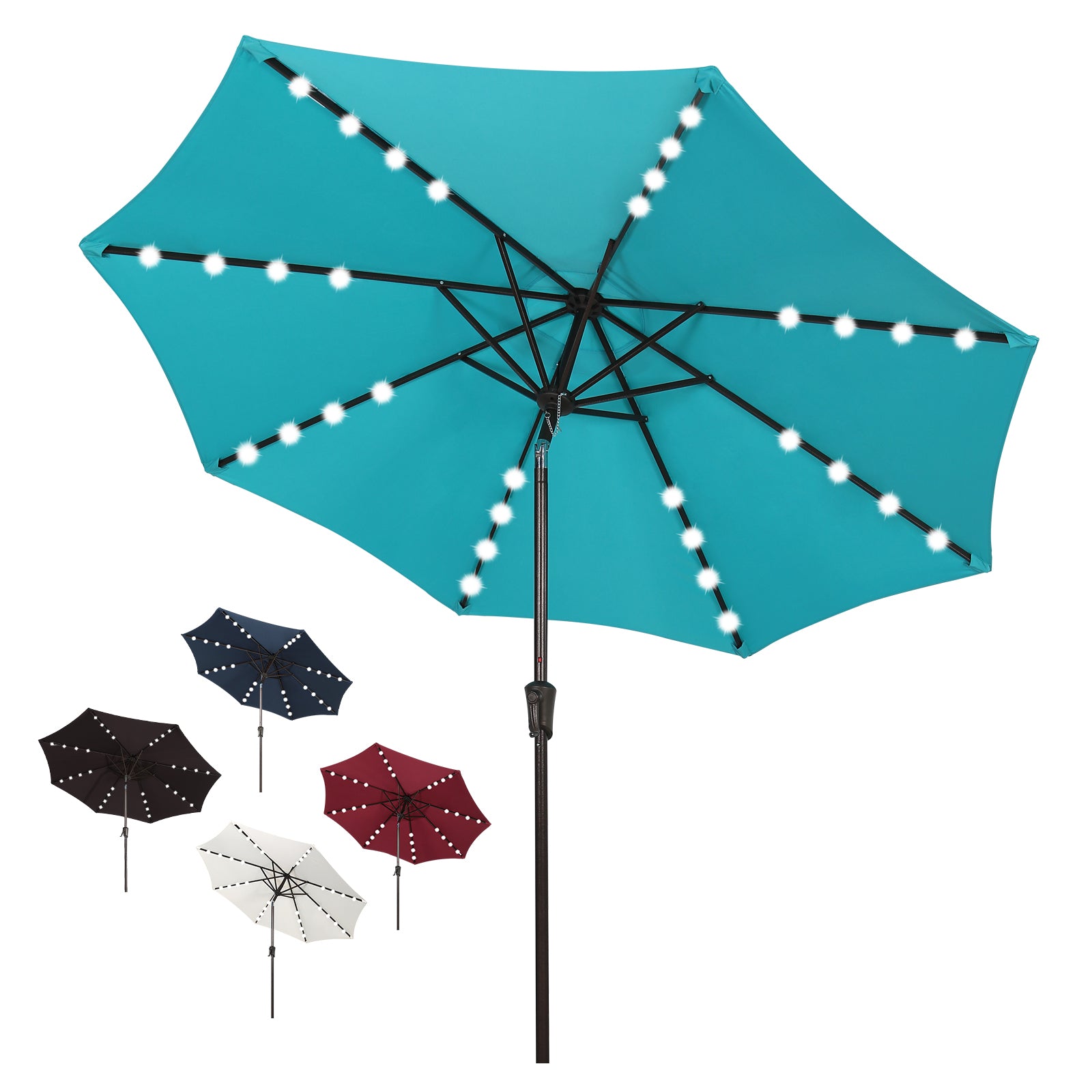 COBANA 9’ Solar Patio Umbrella with 32 LED Lights, Outdoor Table Market Umbrella with Tilt and Crank, Blue