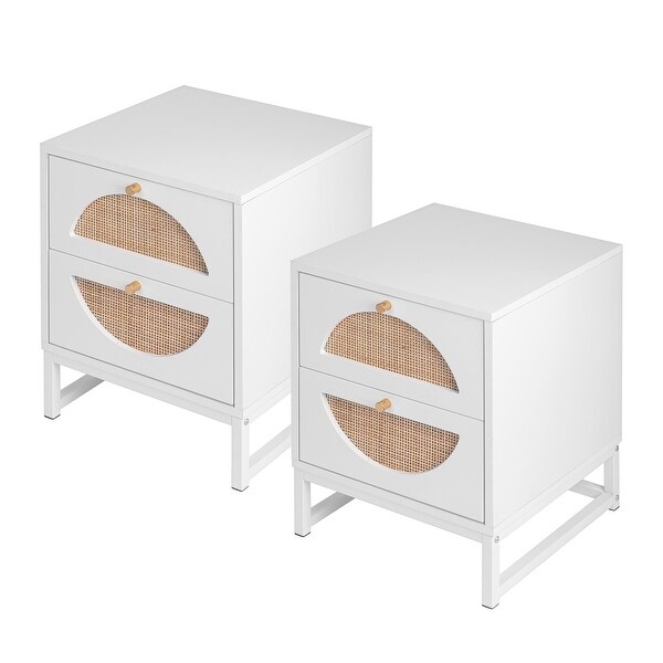 Allen 2 Drawer Nightstand Set of 2，White，Natural Rattan，Display Rack for Bedroom and Living Room