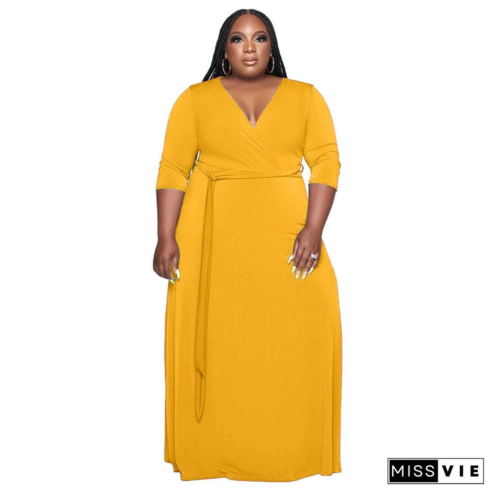 V Neck Sashes Loose Casual Plus Size Dresses