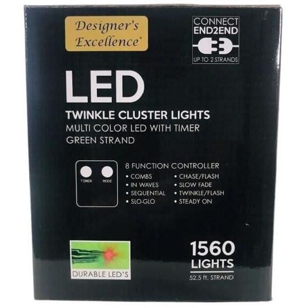 LED Twinkle Cluster Lights 52.5Ft Multi w/ Green Strand Connect End to End