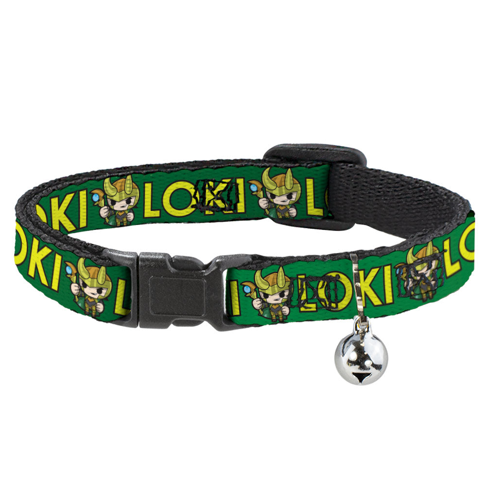 Marvel Comics Cat Collar， Breakaway Collar with Bell， Kawaii Loki Standing Pose Text Green Yellow， 8.5 to 12 Inches 0.5 Inch Wide