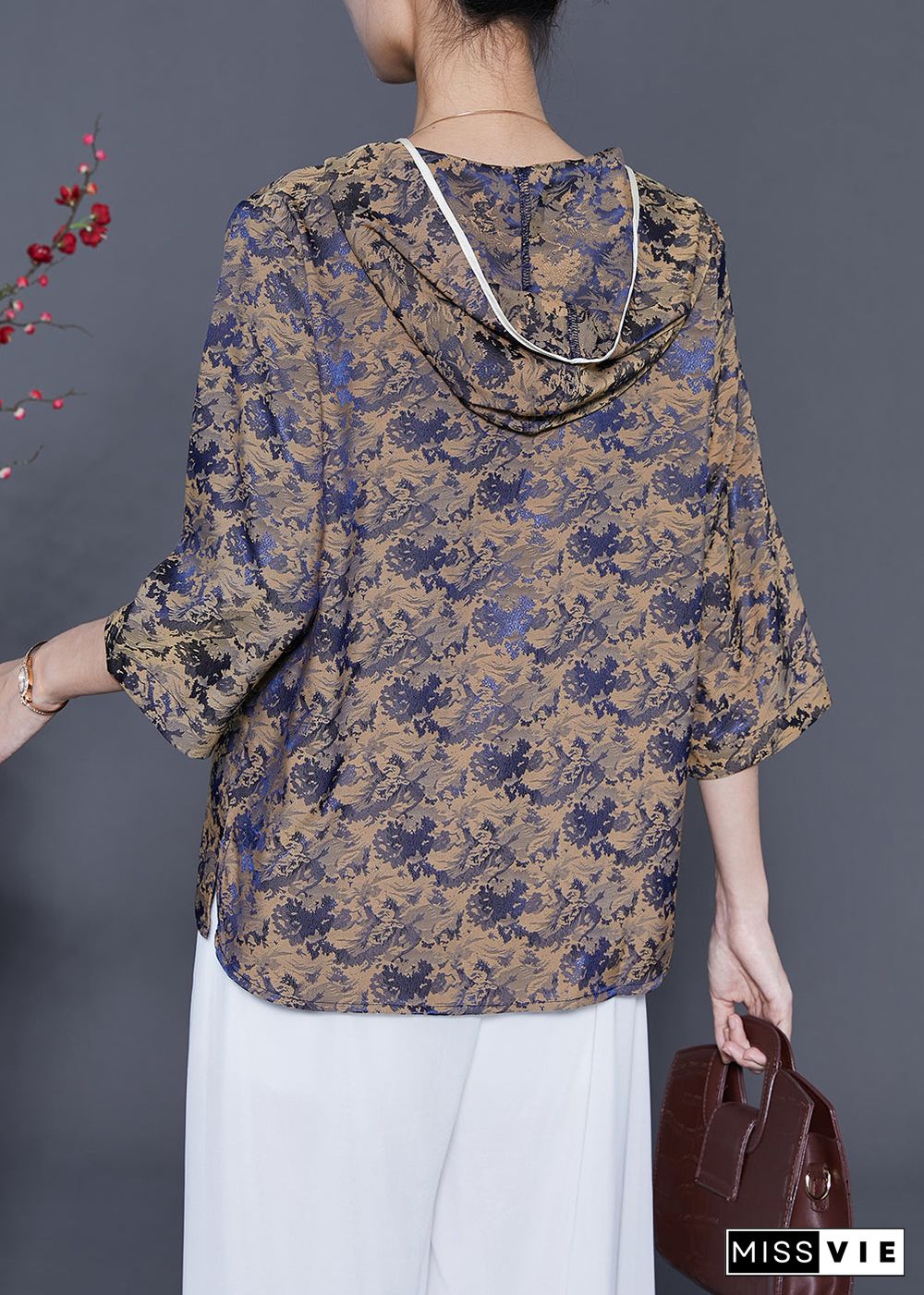 Coffee Print Silk Shirt Top Hooded Oversized Bracelet Sleeve