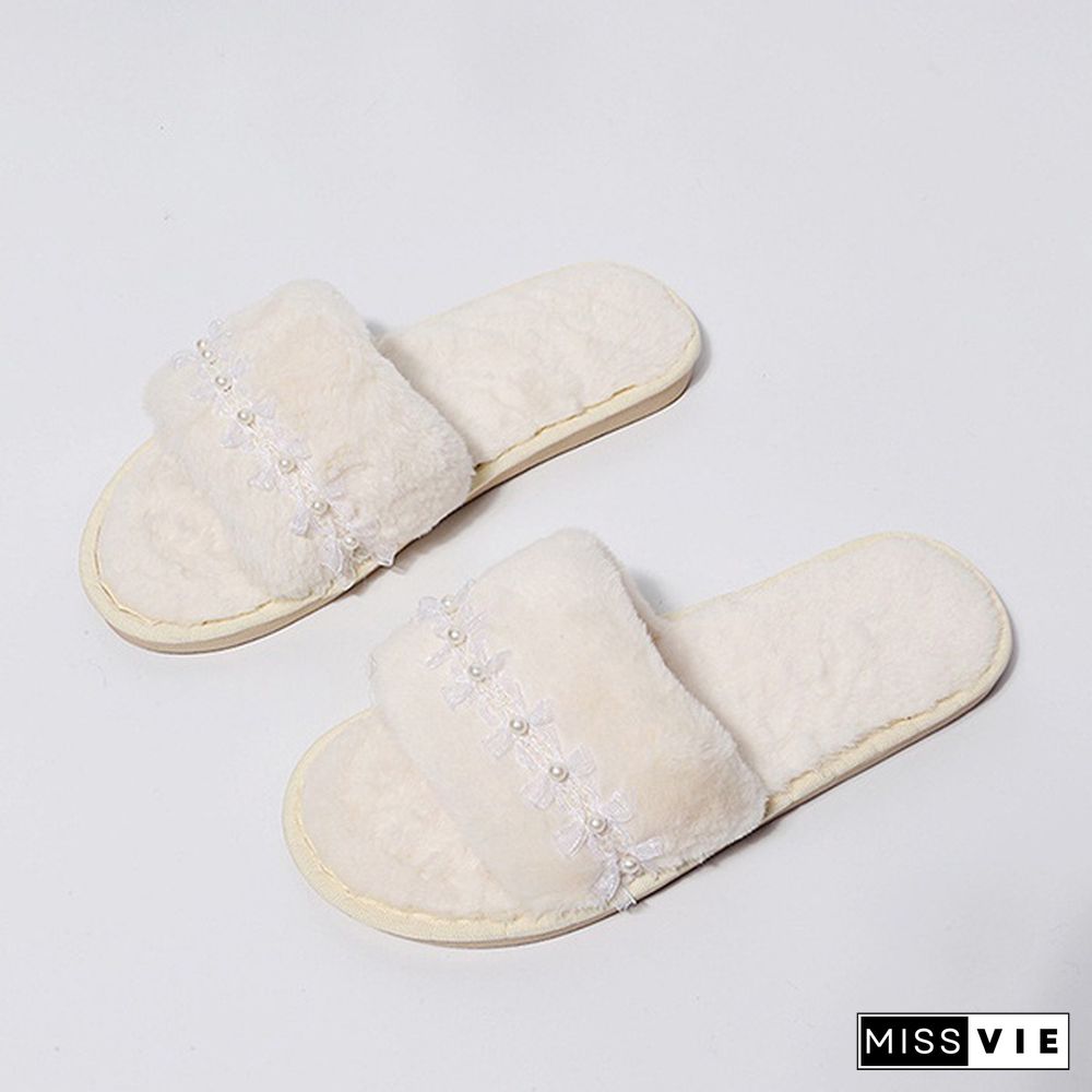 Autumn And Winter Home Furry Pearl Chain Slippers Fashion Flat Women's Cotton Slippers Open-Toe