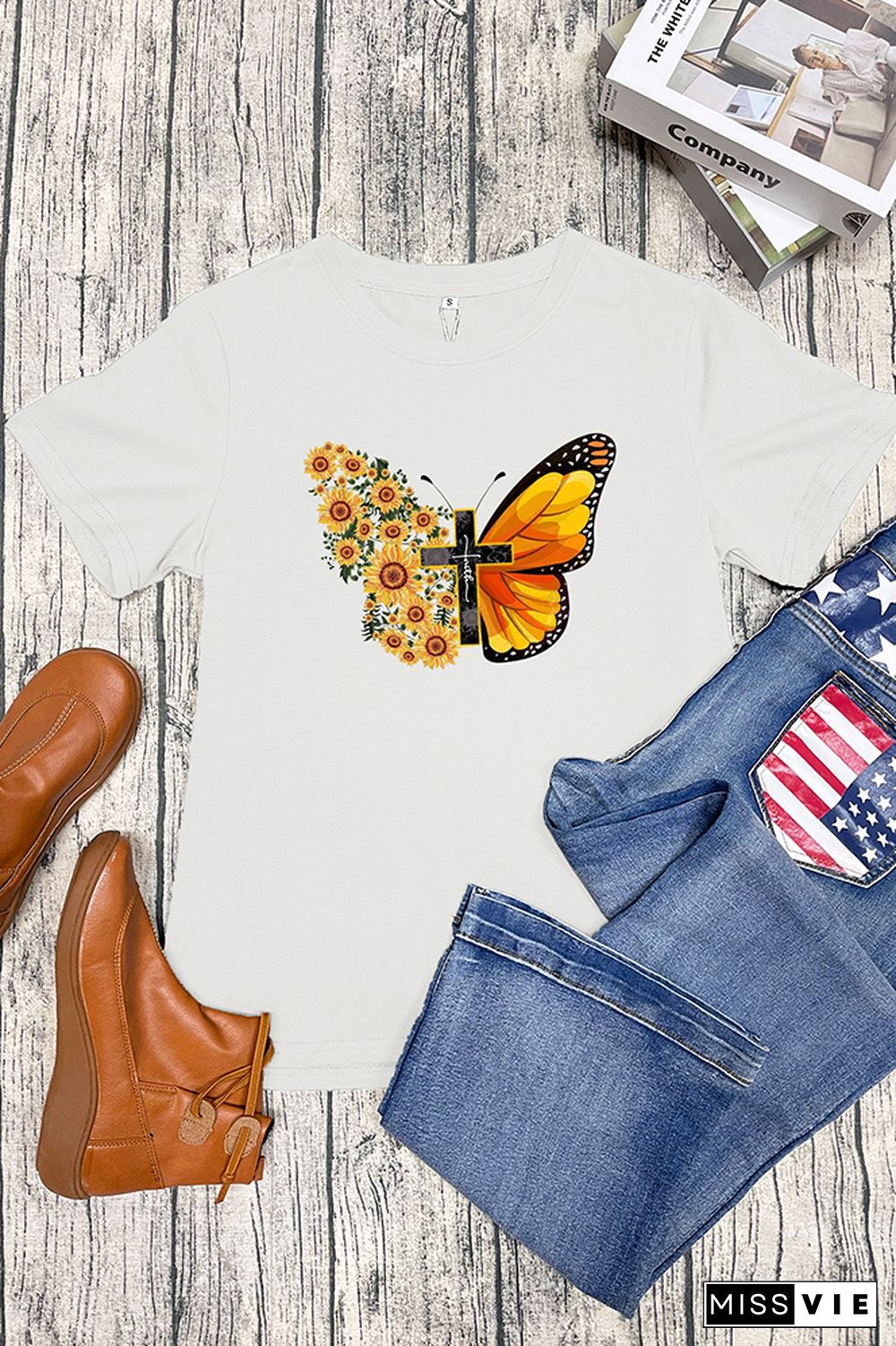 Butterfly Print Short Sleeve Graphic Tee Wholesale