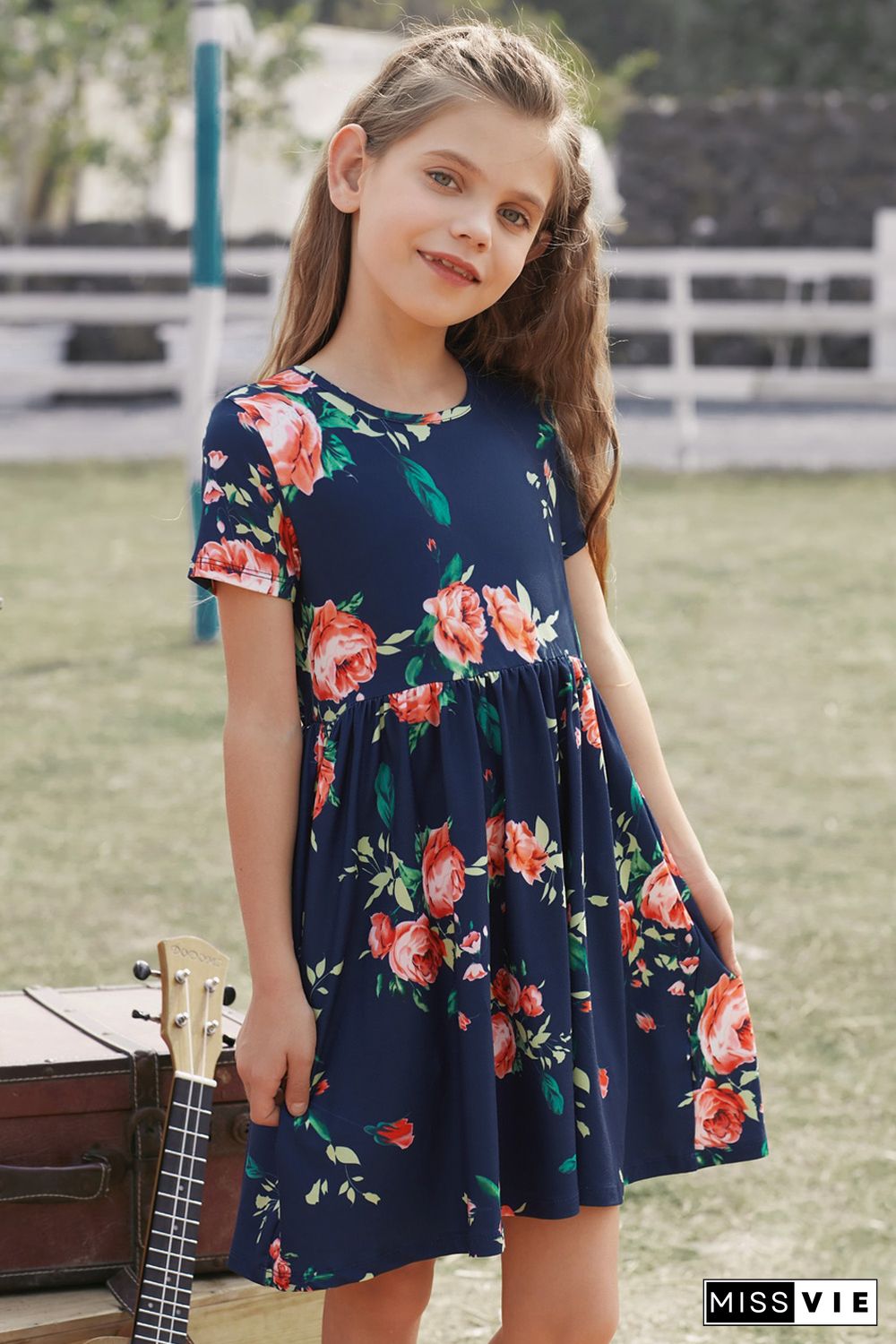 Blue Short Sleeve Pocketed Children's Floral Dress