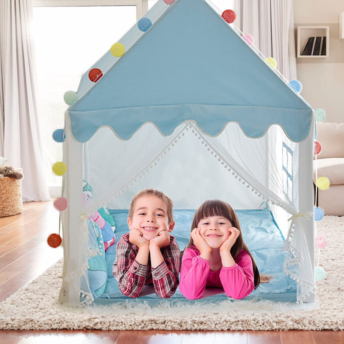 Willstar Princess Castle Tent for Girls Fairy Play Tents for Kids Blue Playhouse with Fairy Star Lights Toys for Children or Toddlers Indoor or Outdoor Games 51.2 x 39.4 x 47.2 Inch