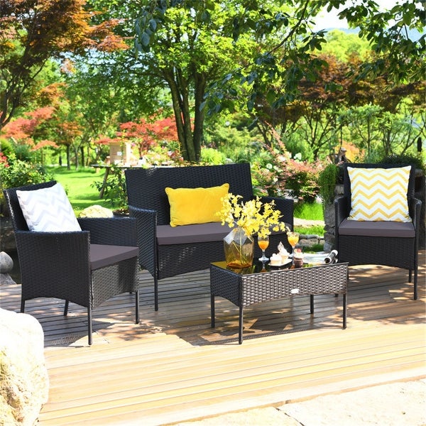 4 Pieces Patio Rattan Cushioned Sofa Set with Tempered Glass Table - Overstock - 37909378