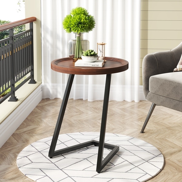 Round End Side Table With L-shapped Metal Legs， Small Bedside Tables，Snack Coffee Table for Living Room