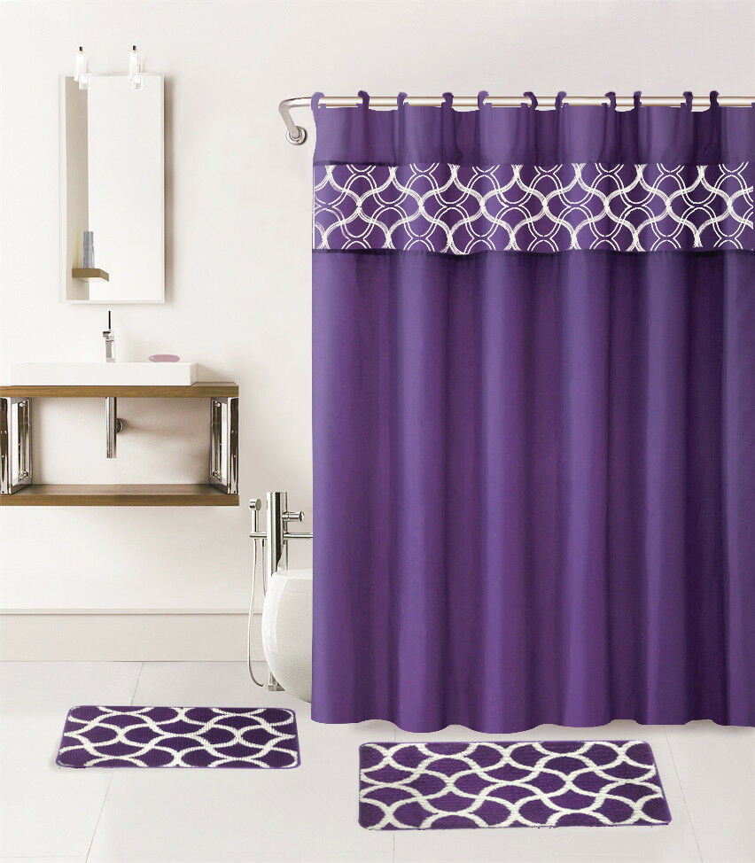 BATHROOM 15PC SET GEOMETRIC PATTERN CORAL DESIGN PURPLE/IVORY OFF EMBROIDER INCLUDES : 1 BATH MAT 18