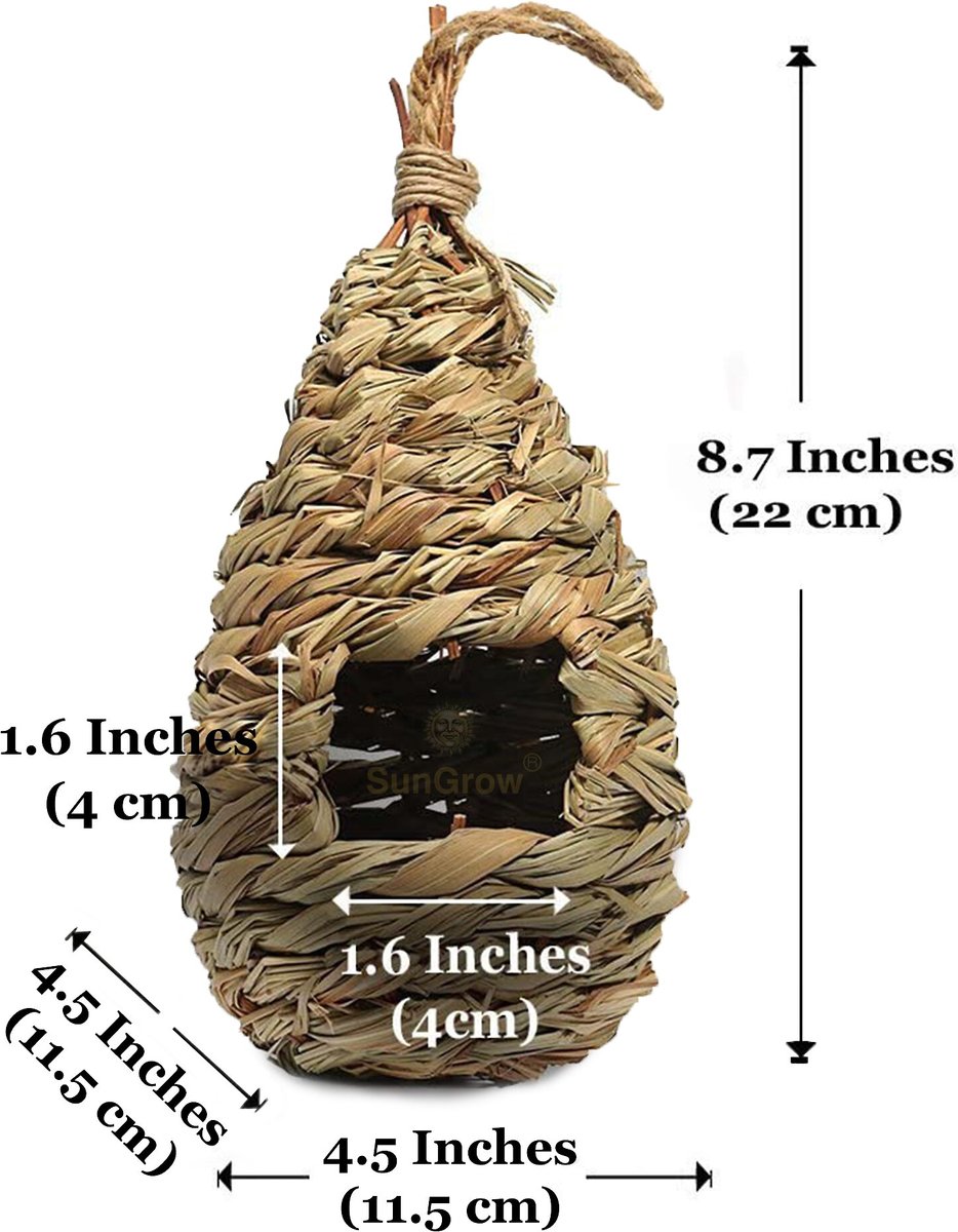 SunGrow Woven Nest， Food Feeder， Cage Accessory， Outdoor Hanging Finch and Hummingbird Bird House