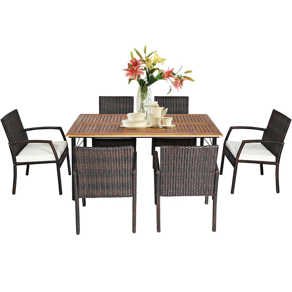 Costway 7PCS Patio Rattan Dining Set Table Top W/Umbrella Hole   See Description