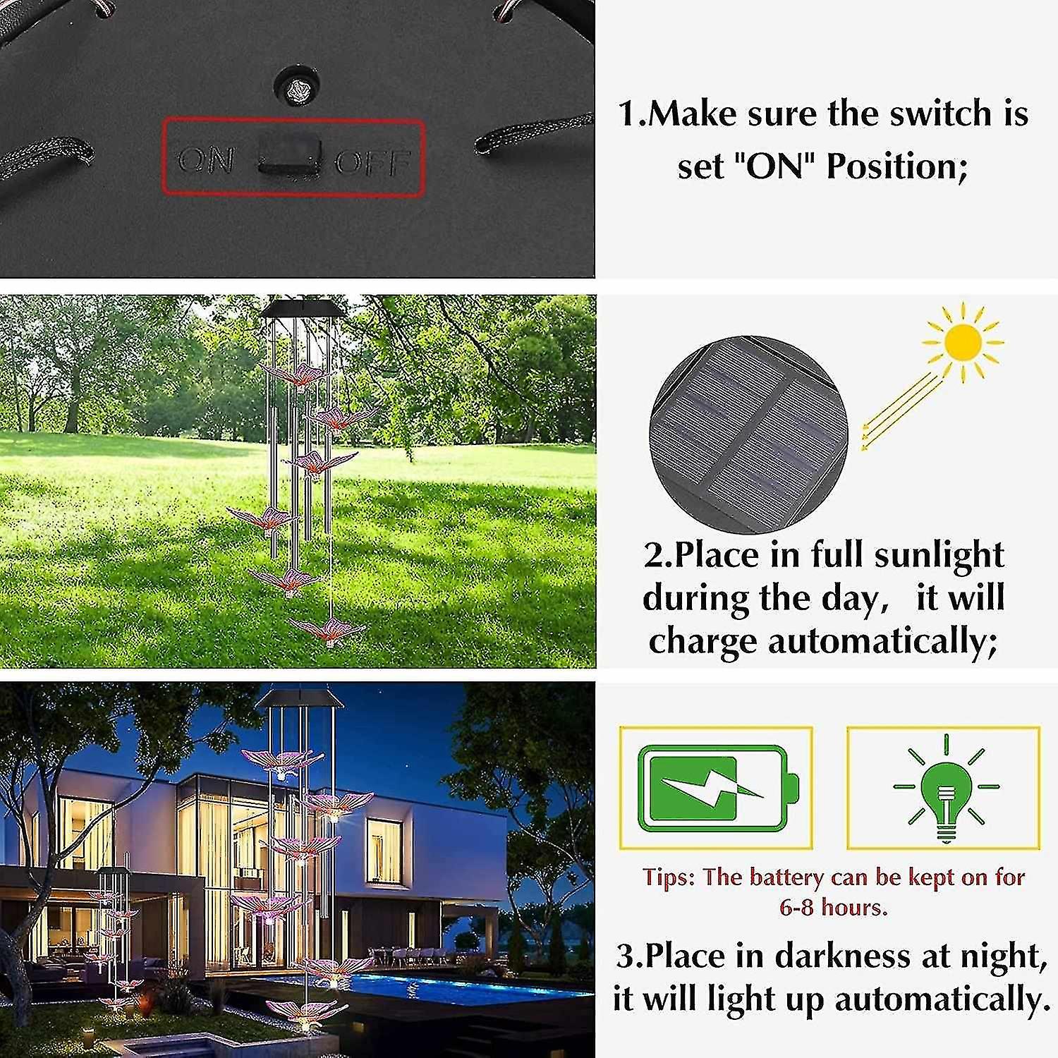 Solar Night Light Wind Chime， Outdoor Color Changing Led Butterfly Wind Chimes Of Aluminum Tubes， Fo