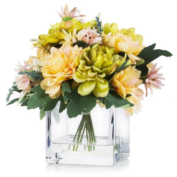 Enova Home Artificial Silk Daisy and Mixed Fake Flowers Arrangement in Clear Glass Vase with Acrylic Water For Home Decoration