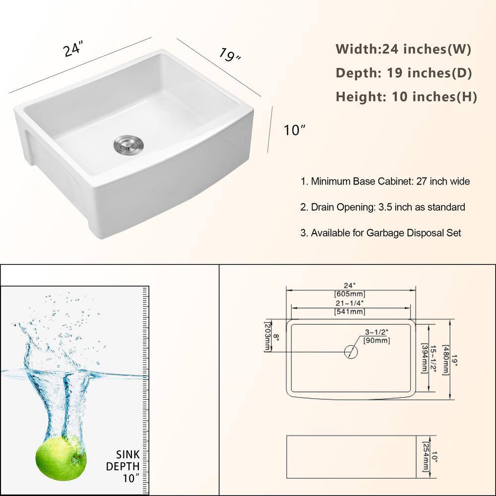 LORDEAR White Fireclay Ceramic Porcelain 24 in. Single Bowl Farmhouse Apron Kitchen Sink with Bottom Grid ALC24WR