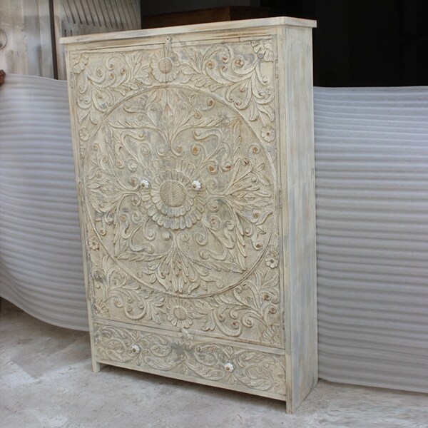 Indian Hand Carved Floral Design Solid Wooden Wardrobe/ Armoire - - 35095308