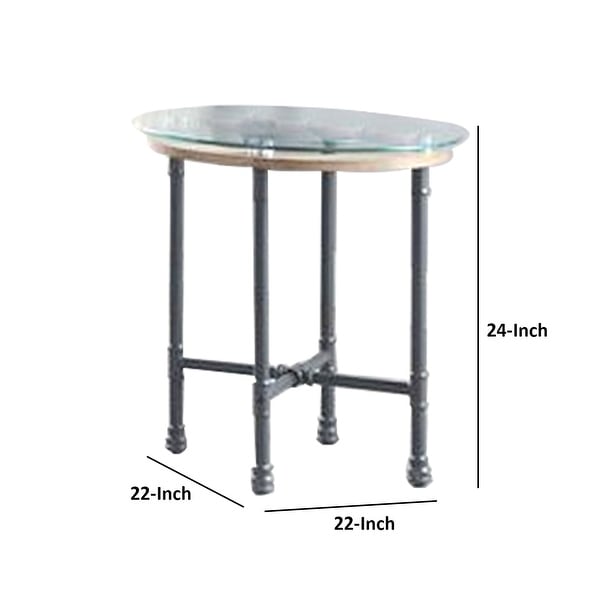 End Table with Round Glass Top and Metal Pipe Style Legs， Gray