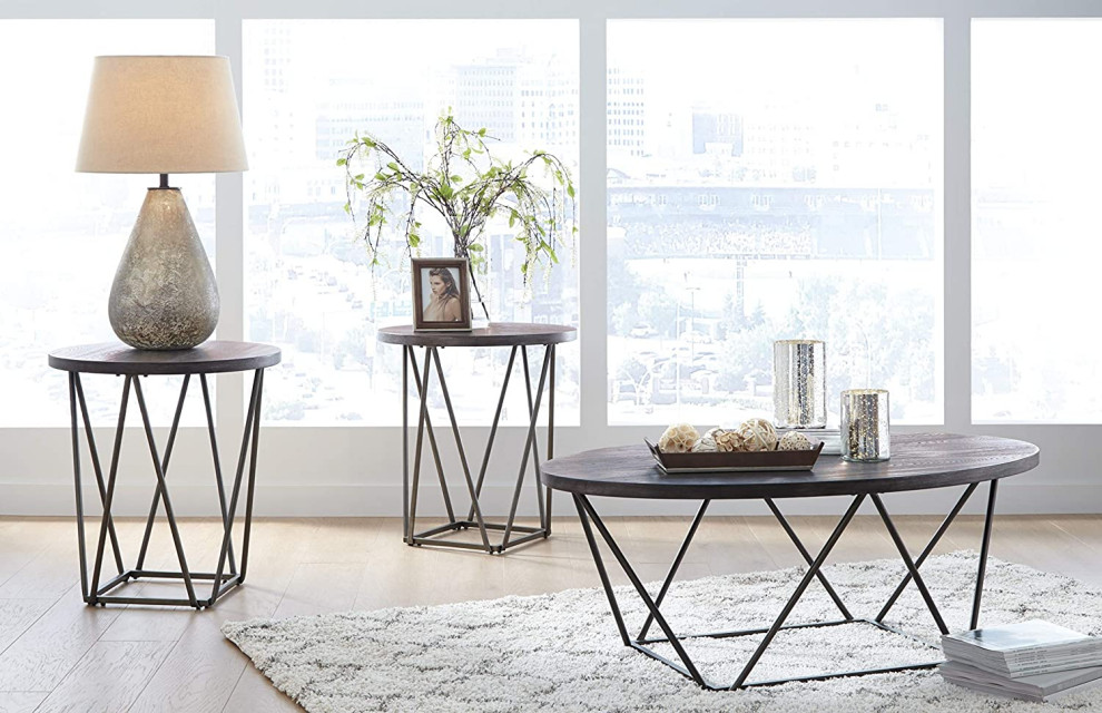 Set of 3 Coffee Table Set  Geometric Bridge Truss Base and Grayish Brown Top   Industrial   Coffee Table Sets   by Decor Love  Houzz