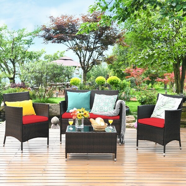 Costway 4PCS Rattan Patio Furniture Set Cushioned Sofa Chair Coffee