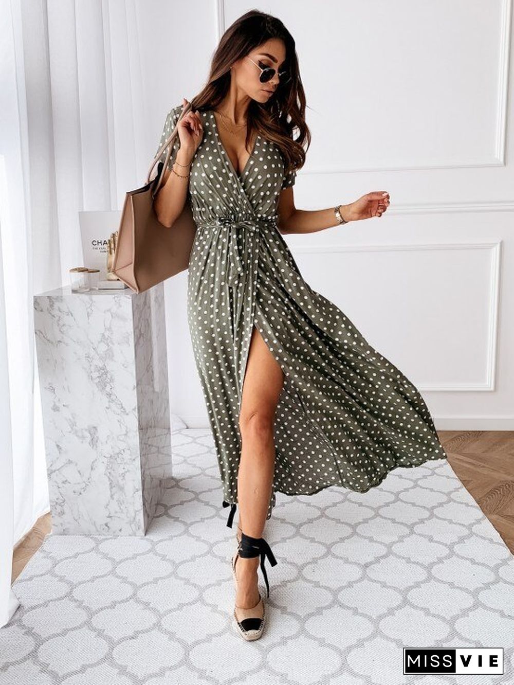 Bohemian Dot Print Dress Women Summer Short Sleeve V-neck Dress Women High Waist Slit Beach Dress Vestido Feminino