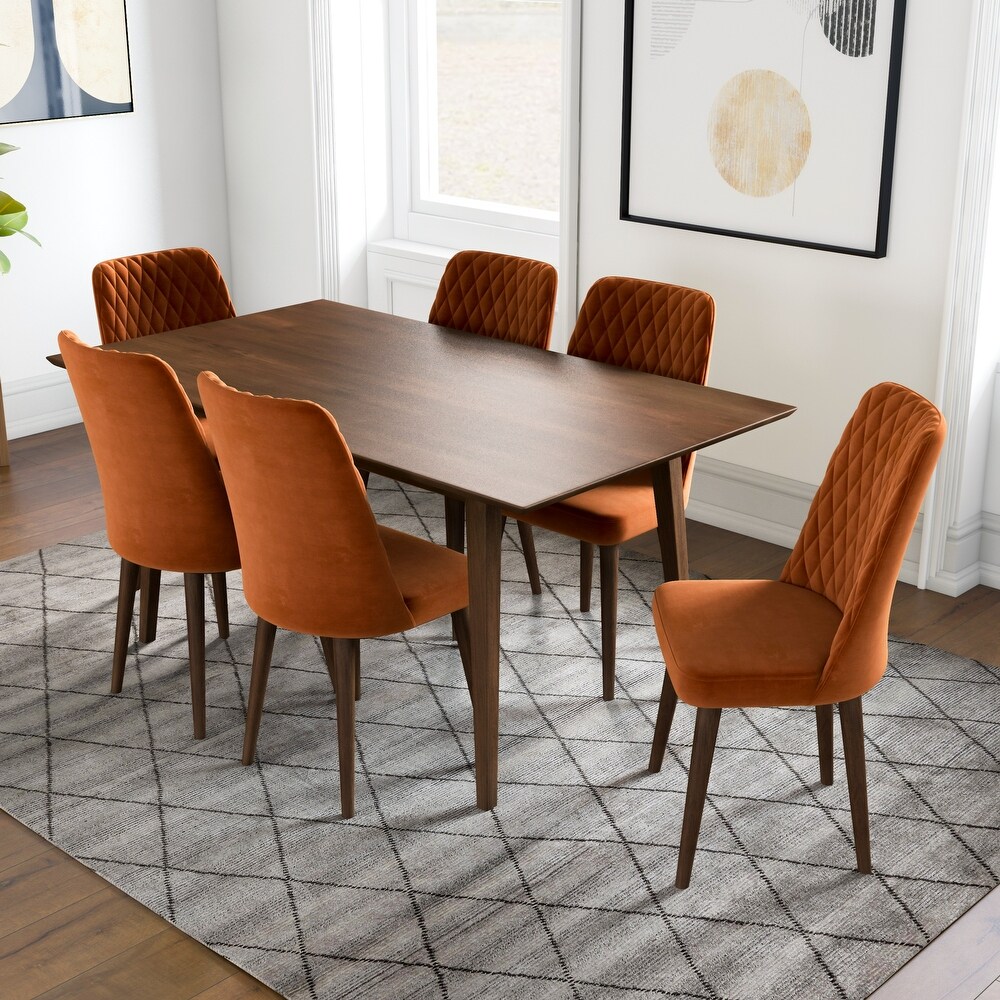 Artemsis 7 Piece Mid Century Dining Set w/6 Velvet Dining Chairs in Burnt Orange