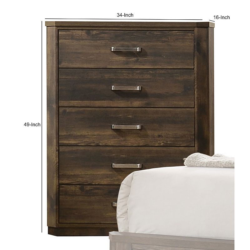 Transitional Style 5 Drawer Wooden Chest with Plinth Base， Brown