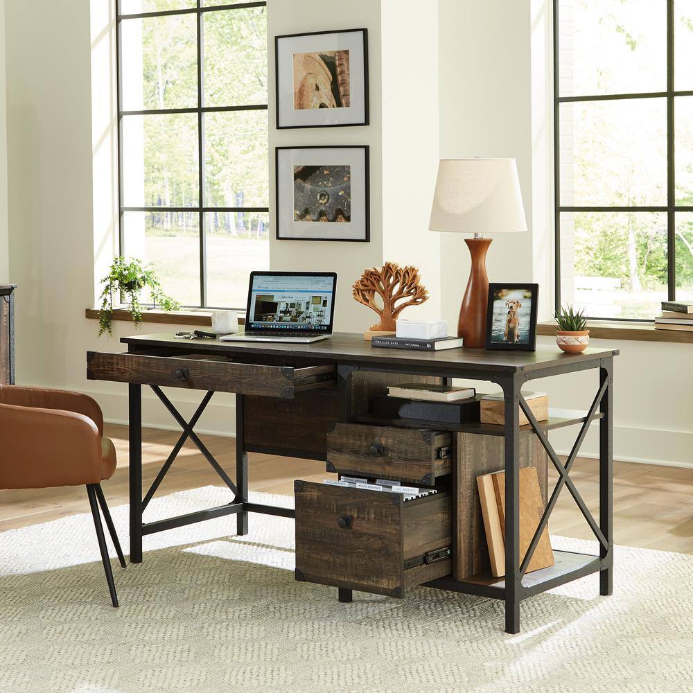 SAUDER Steel River 60.079 in. Carbon Oak Engineered Wood 3-Drawer Computer Desk with File Storage and Metal Frame 427851