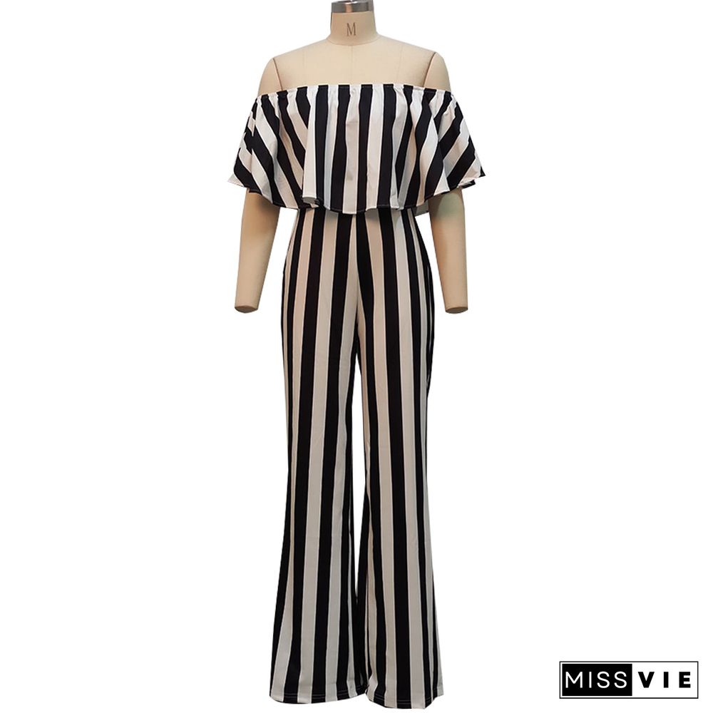 Striped Off Shoulder Wide Leg Jumpsuits